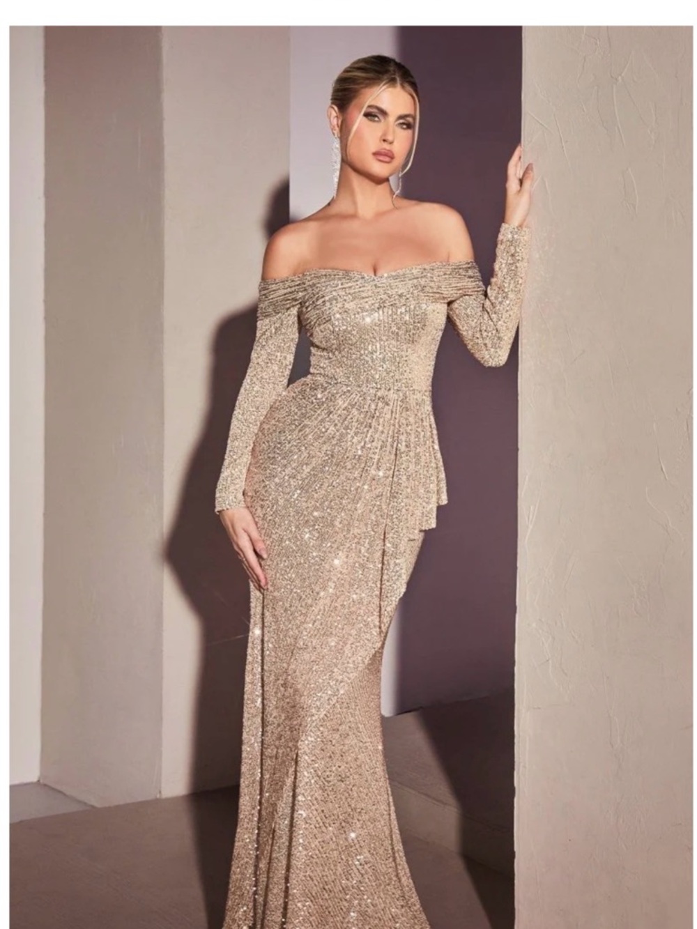 Off-Shoulder Long Sleeve Sequin Gown in Gold